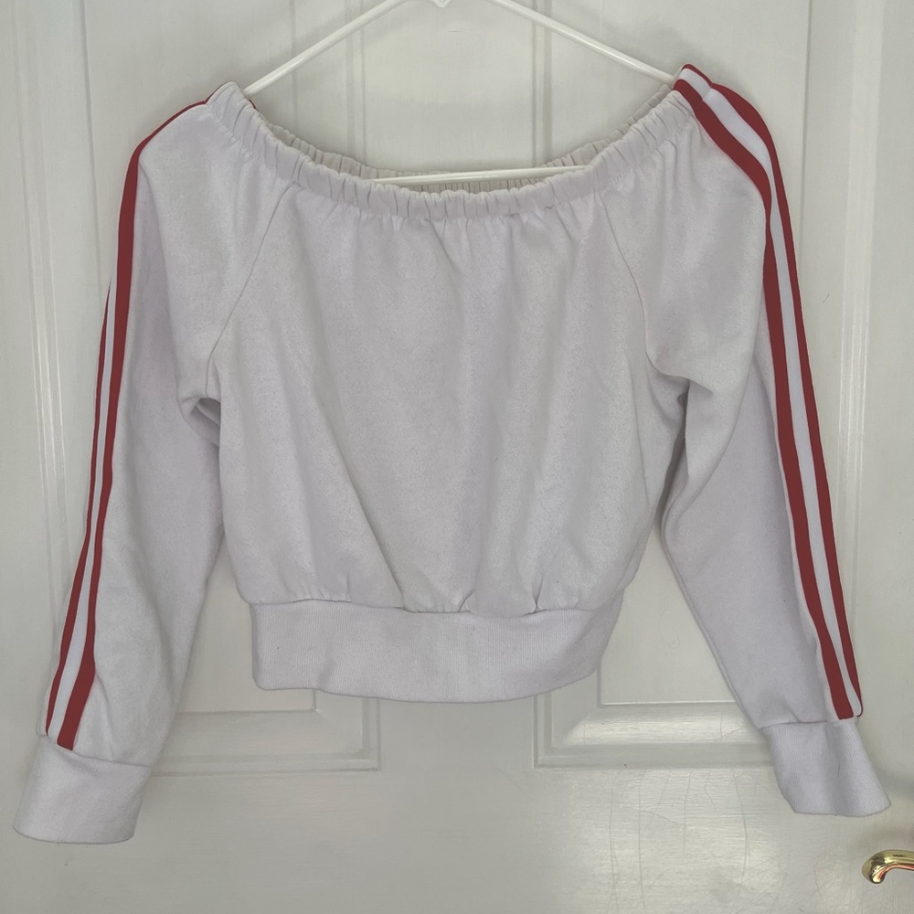 Garage: cropped-off the shoulder sweater, white/red, size S